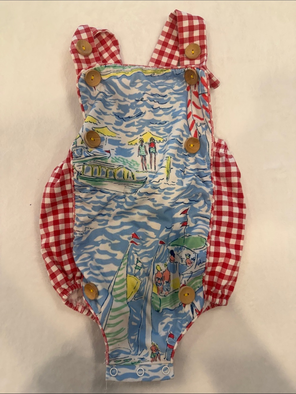 Little Lamb Co One-Piece Bubble in Blue & Red Gingham - Water/Sail Print